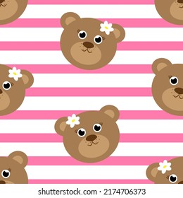 Vector seamless pattern with teddy bears heads on white and pink strips background. Girl teddy bear print for fabric and nursery