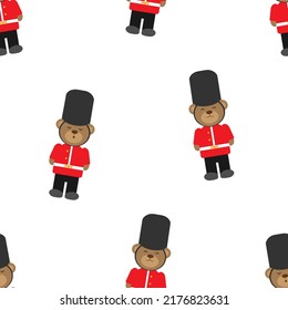 Vector Seamless Pattern With Teddy Bears In Soldiers Form. Teddy Bears In British Army Soldiers