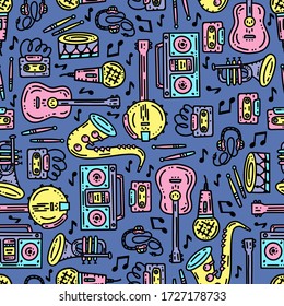 Vector seamless pattern, teenage background. Sketch drawing doodle icons of musical instrument and equipment. Illustration good  for wrappers, fabrics, web and surface texture.