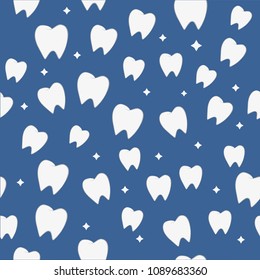 Vector seamless pattern with teeth on a blue background. Children's illustration on the theme of dentistry. The pattern of teeth.