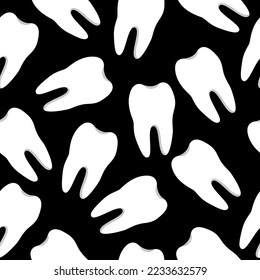 Vector seamless pattern with teeth on a black background. Illustration on the theme of dentistry. The pattern of teeth. Stomatology concept flat illustration