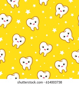 Vector seamless pattern with teeth on a yellow background. Funny pattern in the children s theme.