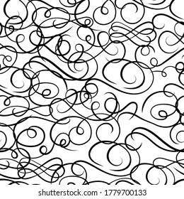 Vector seamless pattern template, black and white background, graphic backdrop, swirls, curls, filigree lines, vintage style, decorative design element.