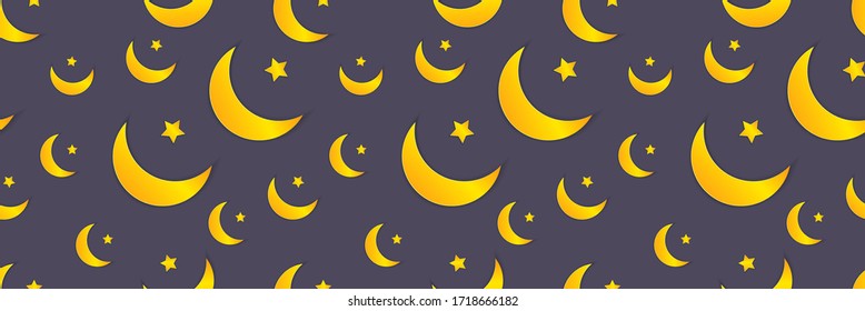 Vector seamless pattern template, muslim symbols on a dark purple blue background, graphic backdrop template, paper art style, flat moons and stars with a shadows.