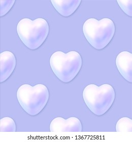 Vector Seamless Pattern With Tender Realistic Pearl Heart With Shadow Ion The Lilac Background. Wedding Texture.