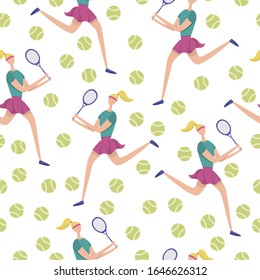 Vector seamless pattern with tennis players and balls. Abstract characters with rackets.
