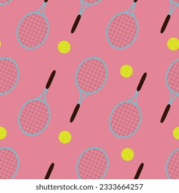 Vector seamless pattern with tennis rackets and balls in cartoon style. Vector tennis background