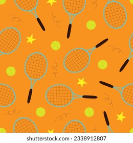 Vector seamless pattern with tennis rackets and balls in cartoon style. Vector tennis background