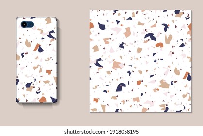 Vector seamless pattern Terrazzo. Abstract textured with small pieces of broken marble, tile, glass. Modern stone background for print, interior decor, paper, branding, web design. Phone case mockup