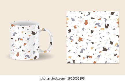 Vector seamless pattern Terrazzo. Abstract textured with small pieces of broken marble, tile, glass. Modern stone background for print, interior decor, paper, branding, web design. Cup, mug mockup