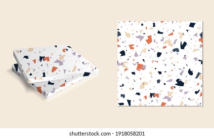 Vector seamless pattern Terrazzo. Abstract textured with small pieces of broken marble, tile, glass. Modern stone background for print, interior decor, paper, branding, web design. Coasters mockup