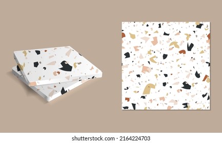 Vector seamless pattern Terrazzo. Abstract textured with small pieces of broken marble, tile, glass. Modern stone background for print, interior decor, paper, branding, web design. Coasters mockup