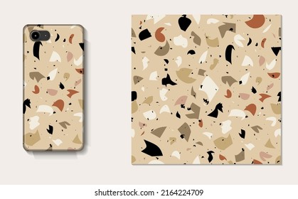 Vector seamless pattern Terrazzo. Abstract textured with small pieces of broken marble, tile, glass. Modern stone background for print, interior decor, paper, branding, web design. Phone case mockup