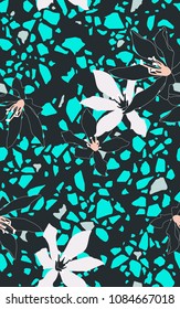 Vector seamless pattern of terrazzo and out line exotic cardwell lily flower. modern retro vintage art print