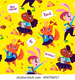 Vector seamless pattern with text balloons and lady cat, bunny girl and squirrel isolated on yellow background. Line art. Back to school elements design. Good for banner, packaging paper. 