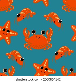 Vector seamless pattern for textiles and packaging. On a blue background, orange crabs, shrimps and starfishes.