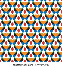 Vector seamless pattern texture background with geometric shapes, colored in orange, red, blue, black and white colors.