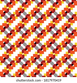 Vector seamless pattern texture background with geometric shapes, colored in red, orange, yellow, grey, black and white colors.