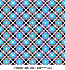 Vector seamless pattern texture background with geometric shapes, colored in blue, violet, black, yellow, white and green colors.
