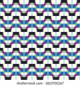 Vector seamless pattern texture background with geometric shapes, colored in dark purple, green, blue, black and white colors.