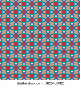 Vector seamless pattern texture background with geometric shapes, colored in brown, red, blue and white colors.