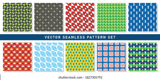 Vector seamless pattern texture background set with geometric shapes in green, black, brown, red, blue, orange, yellow, violet and white colors.