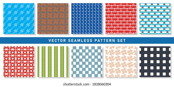 Vector seamless pattern texture background set with geometric shapes in blue, white, orange, brown, red, yellow and black colors.