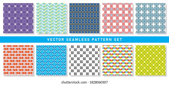 Vector seamless pattern texture background set with geometric shapes in purple, white, green, blue, yellow, black, red, grey and orange colors.