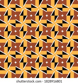 Vector seamless pattern texture background with geometric shapes, colored in yellow, brown, black and white colors.