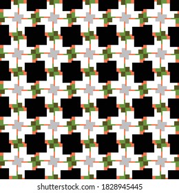 Vector seamless pattern texture background with geometric shapes, colored in black, green, orange, grey and white colors.