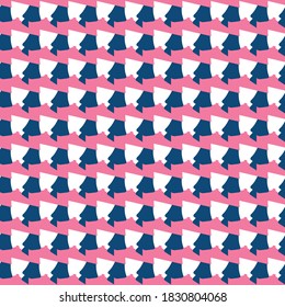 Vector seamless pattern texture background with geometric shapes, colored in blue, pink and white colors.