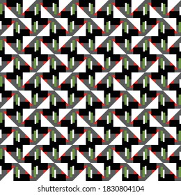 Vector seamless pattern texture background with geometric shapes, colored in black, grey, red, green and white colors.