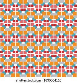 Vector seamless pattern texture background with geometric shapes, colored in orange, red, blue, grey and white colors.
