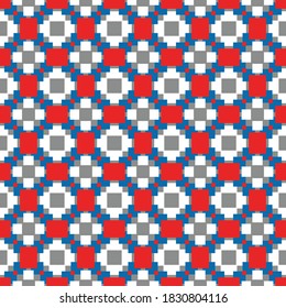 Vector seamless pattern texture background with geometric shapes, colored in red, blue, grey and white colors.