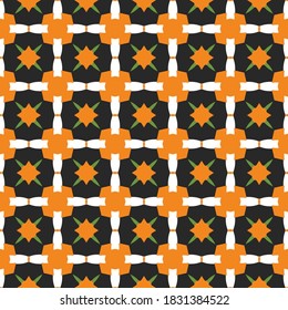 Vector seamless pattern texture background with geometric shapes, colored in orange, black, white and green colors.