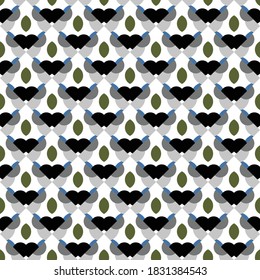 Vector seamless pattern texture background with geometric shapes, colored in black, grey, green, blue and white colors.
