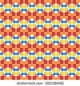 Vector seamless pattern texture background with geometric shapes, colored in red, orange, pink, yellow, blue and white colors.