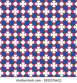 Vector seamless pattern texture background with geometric shapes, colored in blue, red and white colors.