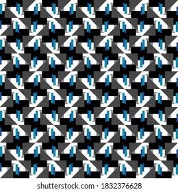 Vector seamless pattern texture background with geometric shapes, colored in black, grey, blue and white colors.