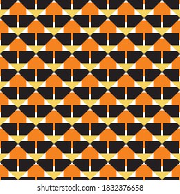 Vector seamless pattern texture background with geometric shapes, colored in orange, yellow, black and white colors.