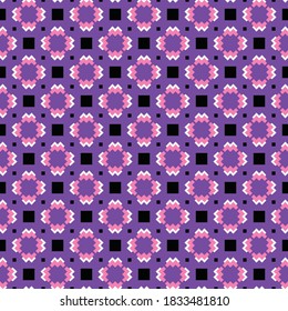Vector seamless pattern texture background with geometric shapes, colored in purple, pink, black and white colors.