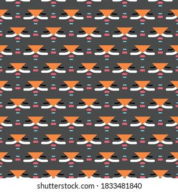 Vector seamless pattern texture background with geometric shapes, colored in grey, black, orange, pink, blue and white colors.