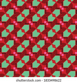 Vector seamless pattern texture background with geometric shapes, colored in red, pink, green and black colors.