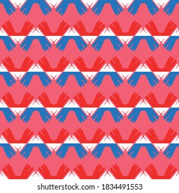 Vector seamless pattern texture background with geometric shapes, colored in pink, red, blue and white colors.
