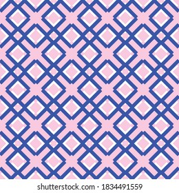 Vector seamless pattern texture background with geometric shapes, colored in blue, pink and white colors.