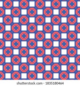 Vector seamless pattern texture background with geometric shapes, colored in blue, ed, pink and white colors.