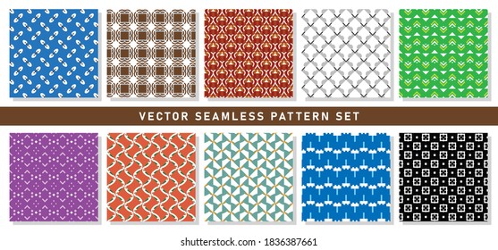 Vector seamless pattern texture background set with geometric shapes in blue, black, brown, grey, red, green, purple, orange, black and white colors.