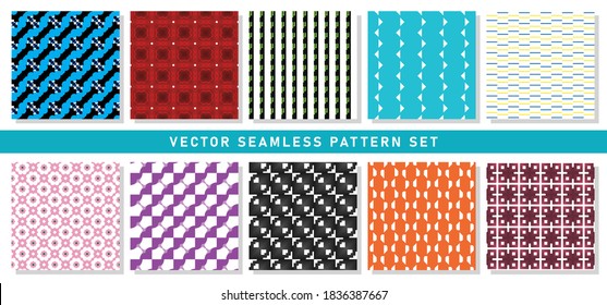 Vector seamless pattern texture background set with geometric shapes in blue, black, white, red, green, yellow, pink, purple and orange colors.