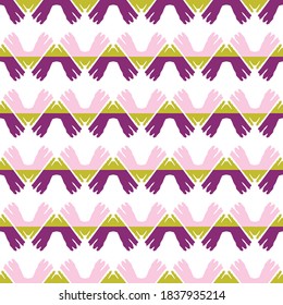 Vector seamless pattern texture background with geometric shapes, colored in green, purple, pink and white colors.