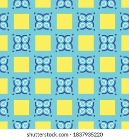 Vector seamless pattern texture background with geometric shapes, colored in blue, yellow and white colors.